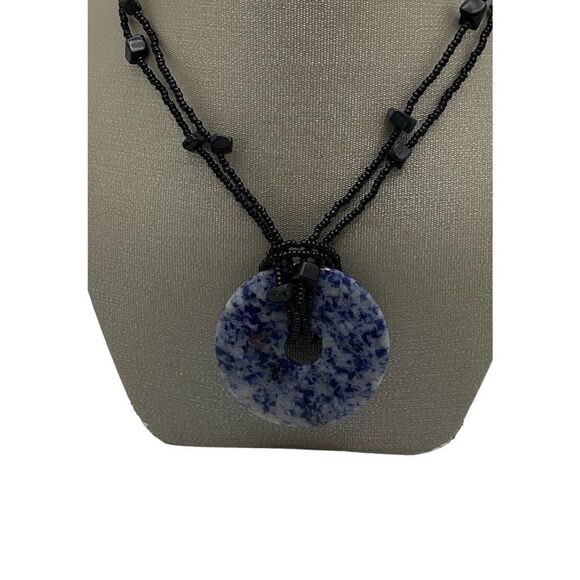 Sodalite Necklace Blue White Natural Stone Donut Pendant Black Beaded Chain - Picture 9 of 10